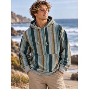 PacSun Mens Fleece Pullover Hoodie Gray Green Stripe Baja Surf Style Size Medium